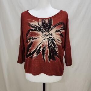Papaya Cropped Embellished 3/4 Sleeve Flower Print Top, Maroon, Small
